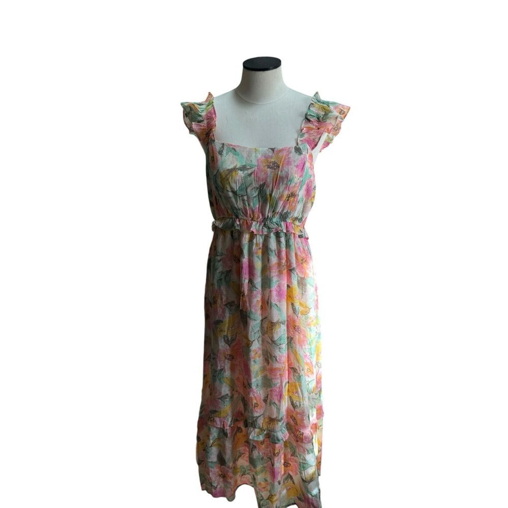 By The River‎ Floral Midi Sun Dress Size Large Pink, Yellow And Greens NWT